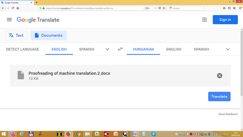Google Translate file uploaded for translation